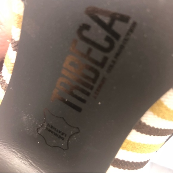 Tribeca peep-toe pumps, large rhinestone bling, white, gold, brown stripes, Sz 7 - Picture 6 of 13